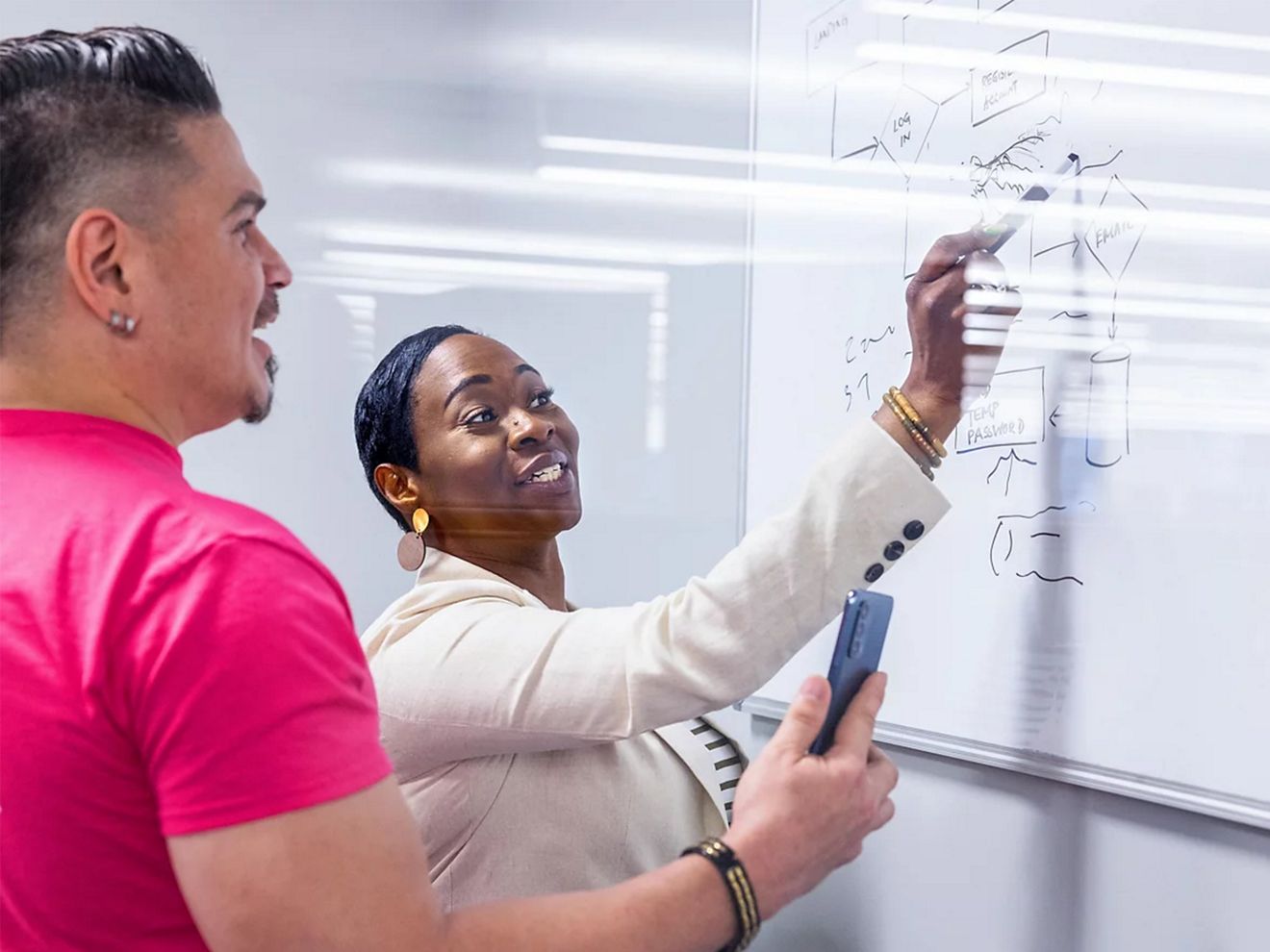 A woman and a man are brainstorming ideas while the woman writes on a whiteboard.