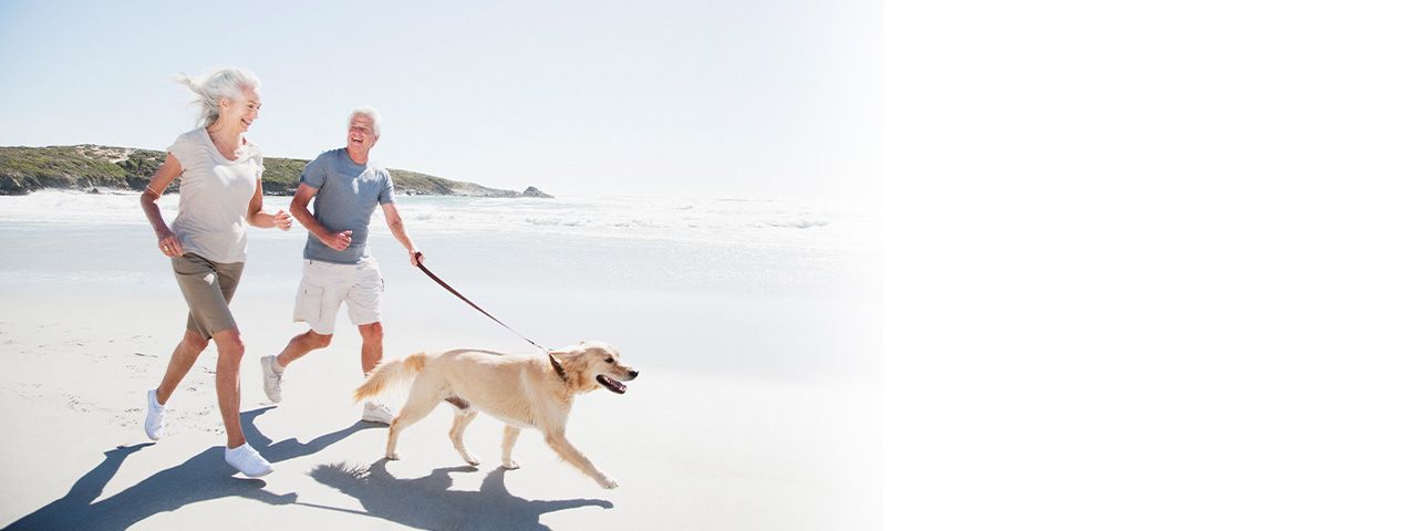 An older couple jogging on the beach with their golden retriever