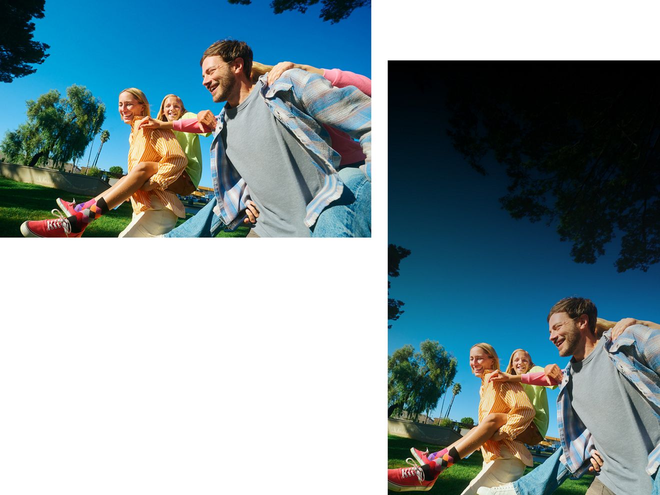 Parents give their kids a piggyback ride through a park.
