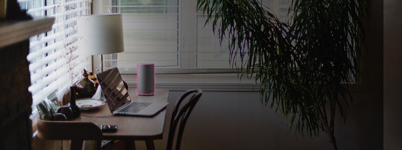 An open laptop sits on top of a desk, next to a cell phone and a smart speaker.