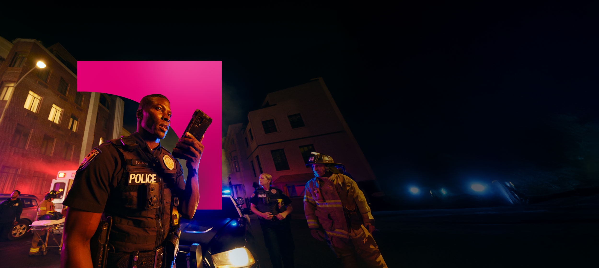 In the middle of an active incident, a police officer talks into a cell phone.  