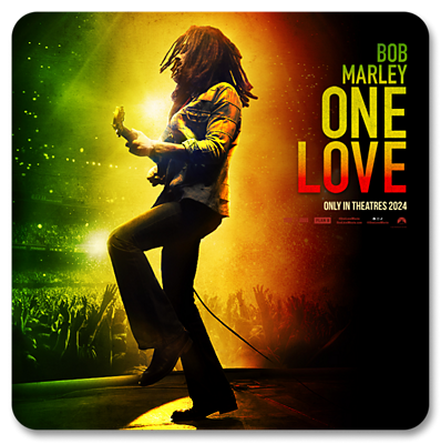 The Bob Marley plays guitar on his One Love movie poster.