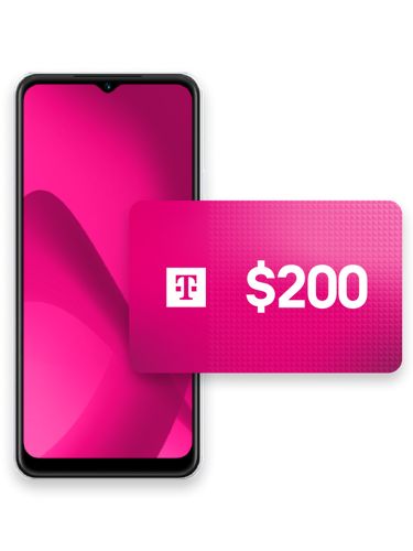 Smartphone display with magenta gradient alongside a $200 card labeled with T-Mobile branding.
