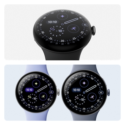 Images of black, blue, and gray Google Pixel Watch 4 with Actua domed displays against blank backgrounds.
