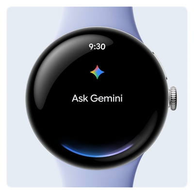 Image of a light blue Google Pixel Watch 4 displaying the Gemini logo and the text “Ask Gemini.”