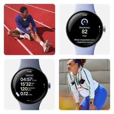 Four images: 1) A male athlete wearing a Google Pixel Watch 4 stretching before exercise, 2) a close-up of a Google Pixel Watch 4 displaying exercise readiness, 3) a close-up of a Google Pixel Watch 4 displaying detailed fitness statistics, and 4) a female athlete wearing a Google Pixel Watch 4 crouching as if about jump into a game.