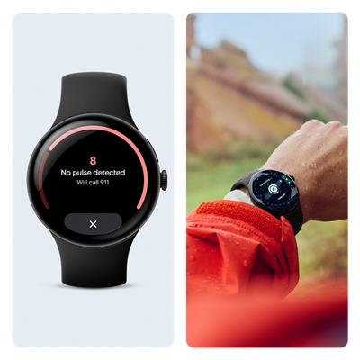 An image of a Google Pixel Watch 4 with Pulse Detection displayed, set against a blank background. An image of a Google Pixel Watch 4 on a man’s wrist in an outdoor setting.