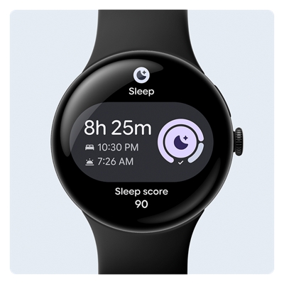 An image of a black Google Pixel Watch 4 in sleep mode with sleep hours and sleep score displayed, set against a blank background.