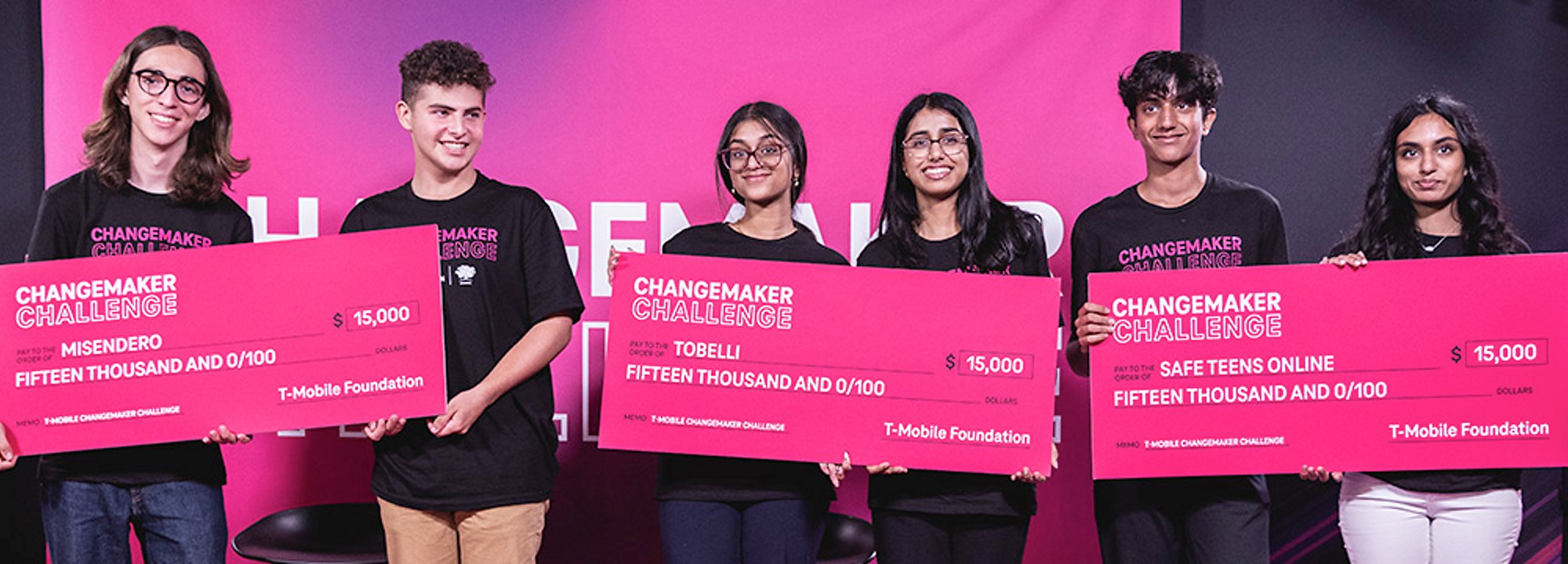 Changemaker students being awarded seed funding for 2022 category winners MiSendero, Tobelli, and Safe Teens Online.