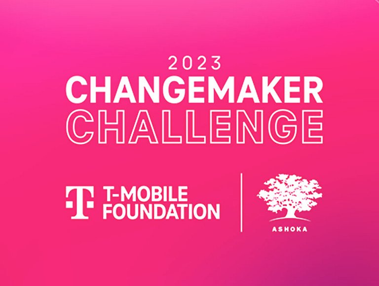 2023 Changemaker Challenge logo, T-Mobile Foundation logo, Ashoka logo.