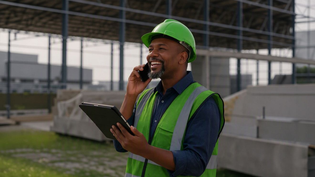 A SERVPRO crew chief checks their digital tablet while on the phone at a construction job site.