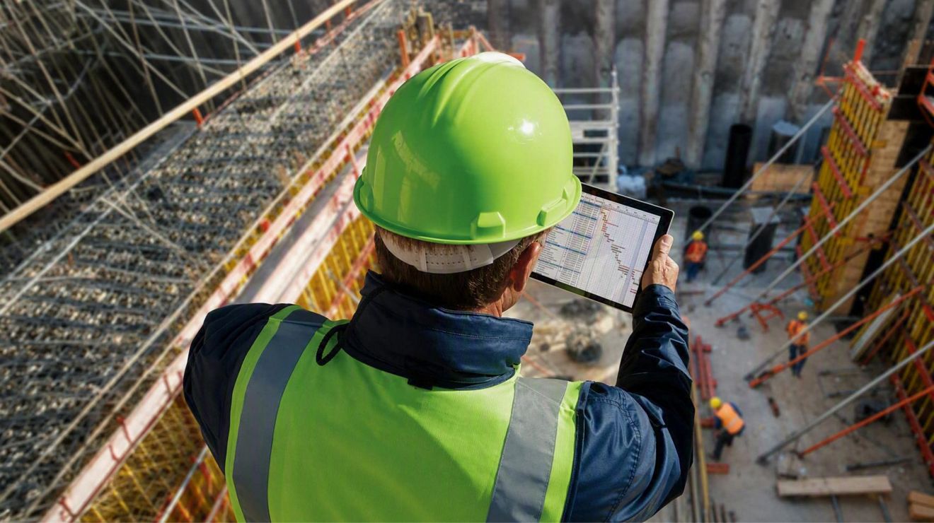A SERVPRO professional in safety gear on a job site reviews project tasks and timeline on a tablet.