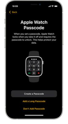 An iPhone displaying the message "Apple Watch Passcode - When you set up a passcode, Apple Watch locks when you take it off and requires the passcode to unlock. This helps protect your data". At the bottom of the screen are the options for "Create a Passcode", "Add a Long Passcode", and "Don't Add Passcode"