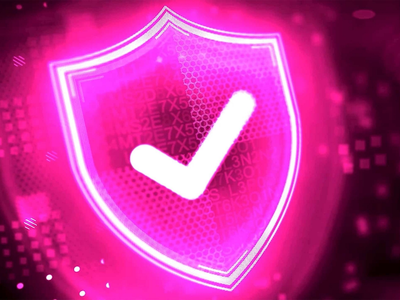 A magenta cybersecurity shield with a white check mark.