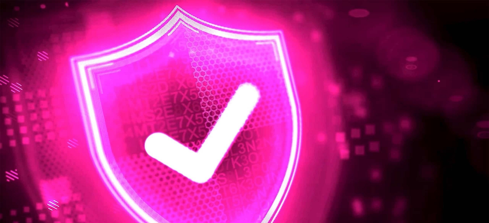 A magenta cybersecurity shield with a white check mark.