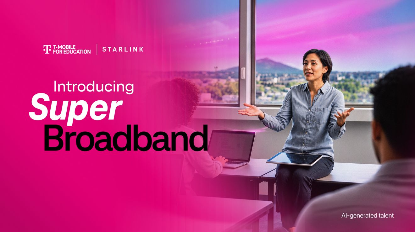 Introducing SuperBroadband with Starlink from T-Mobile for Education, an instructor gives a lecture using a connected tablet.