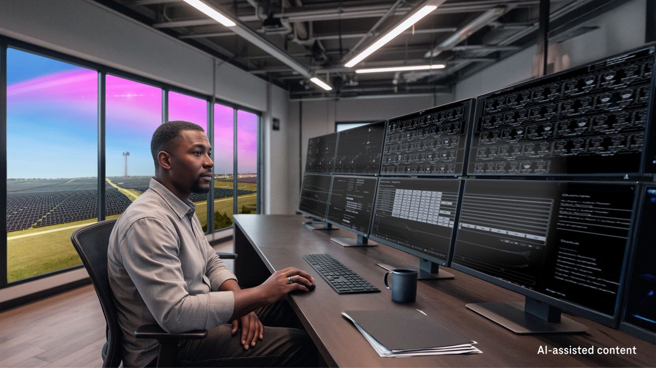 An engineer at a remote site monitors a solar array from a SuperBroadband connected workstation.