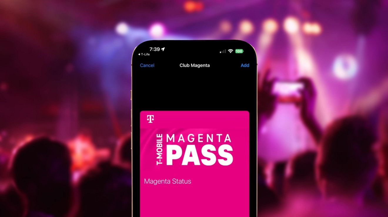 A T-Mobile connected smartphone displays Magenta Pass with a live concert setting in the background.