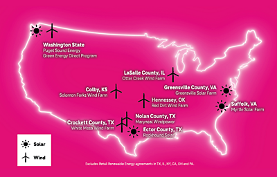 Map of the U.S. with T-Mobile solar and wind farm locations
