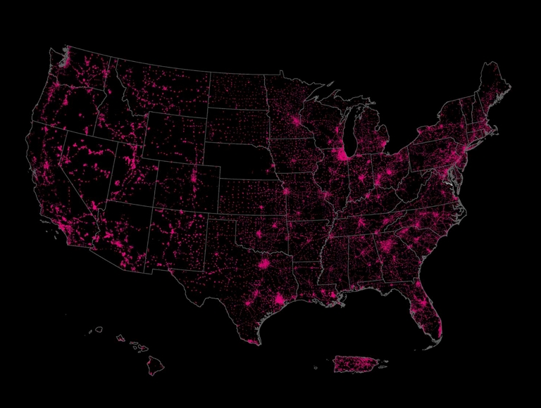 A map showing mobile in-vehicle 5G 7/1 tier coverage