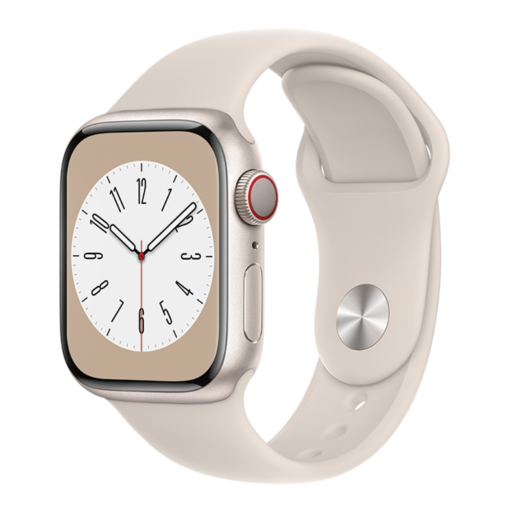 Apple Watch Series 8 in starlight aluminum with silver case and cream-colored band.