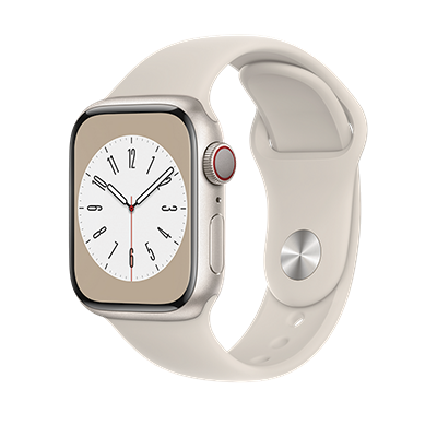 Apple Watch Series 8 with silver case and white band.