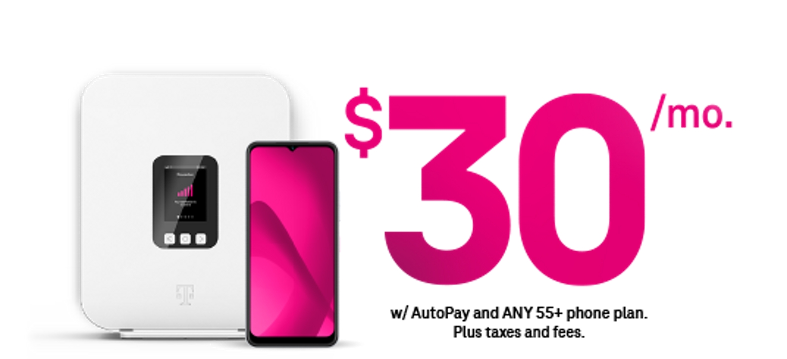 Home internet gateway next to a cell phone. $30 a month per line with autopay and any 55 plus voice plan.