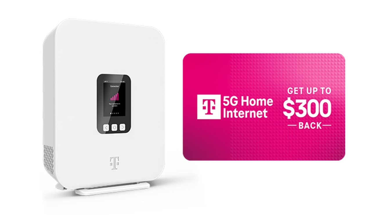 A white T-Mobile 5G Home Internet gateway next to a card that says 5G Home Internet, get up to 300 dollars back. 