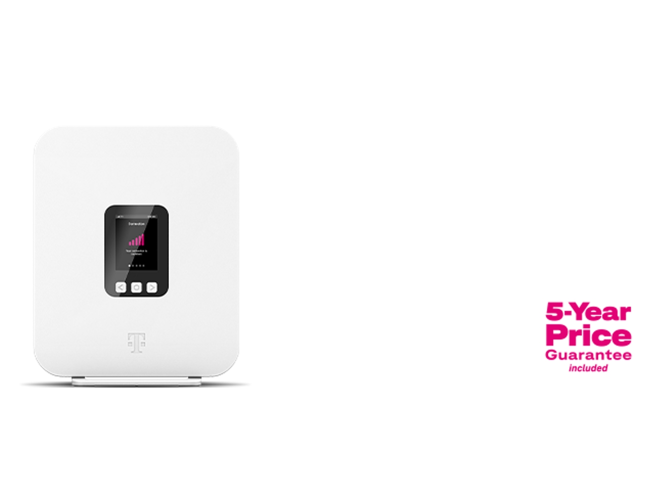 A white T-Mobile 5G Home Internet gateway. Starting at 35 dollars a month with AutoPay and a voice line. Plus taxes and fees. Five-year price guarantee included.