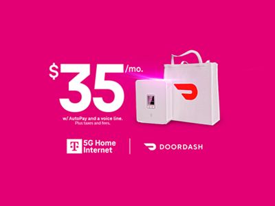 35 dollars a month with AutoPay and a voice line. Plus taxes and fees. T-Mobile 5G Home Internet and DoorDash. A white T-Mobile gateway and a DoorDash delivery bag.