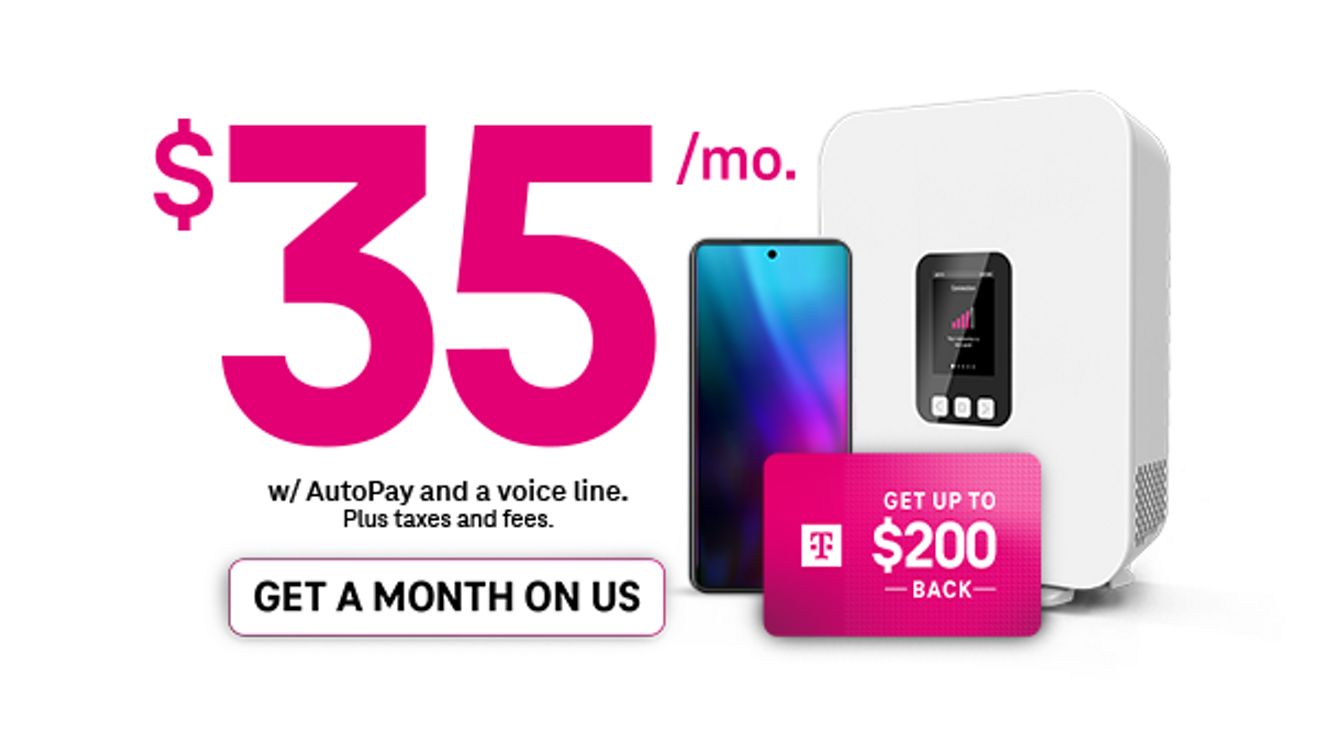 Promotion for T-Mobile 5G Home Internet: Get a Month On Us plus up to $200 back. 