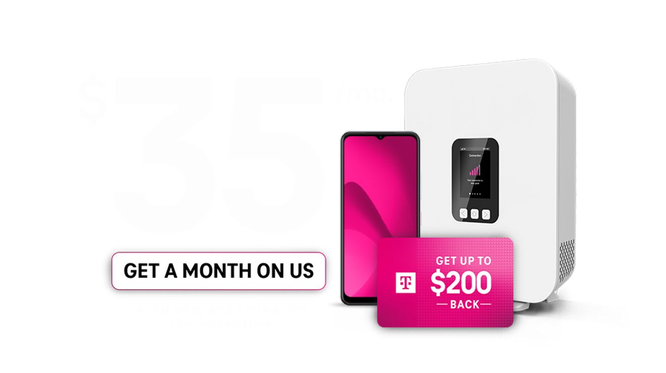 Promotion for T-Mobile 5G Home Internet: Get a Month On Us plus up to $200 back.