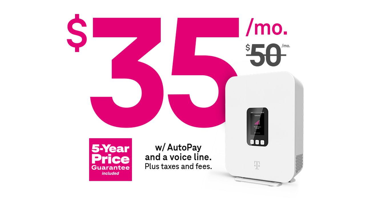 35 dollars a month. Strikethrough on 50 dollars a month. With AutoPay and a voice line. Plus taxes and fees. 5-Year Price Guarantee included.