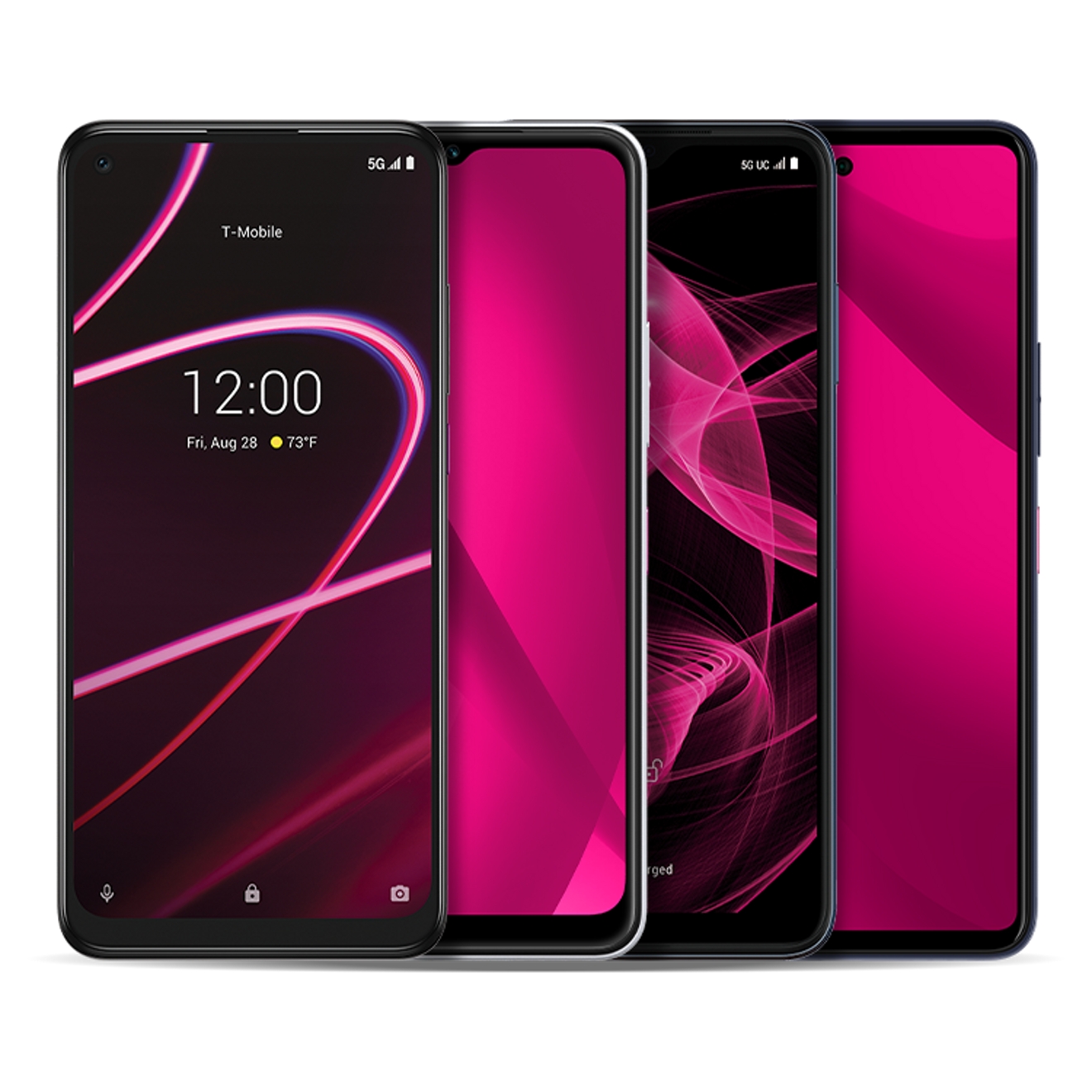 Four phones are set together with magenta abstract graphics on the screens.