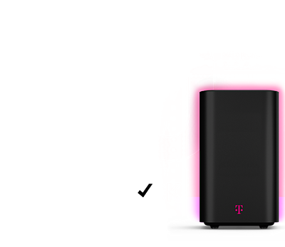 A black T-Mobile 5G gateway is floating against a magenta background. Forty dollars a month with Autopay and a premium voice line. With price lock. Get your last month of service on us if we ever raise your internet rate. 