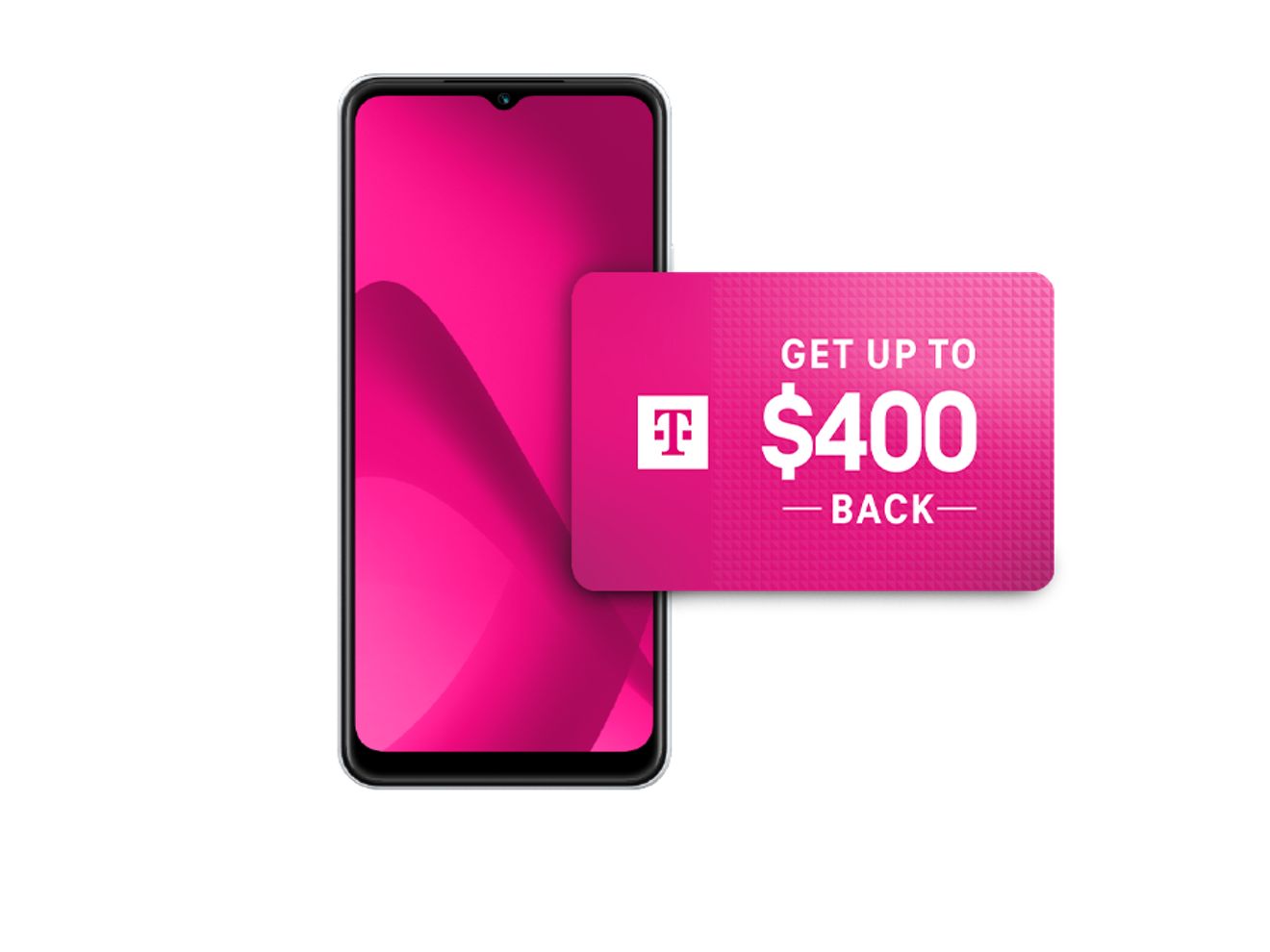 Smartphone display with magenta gradient alongside an up to $400 gift card with T-Mobile branding.