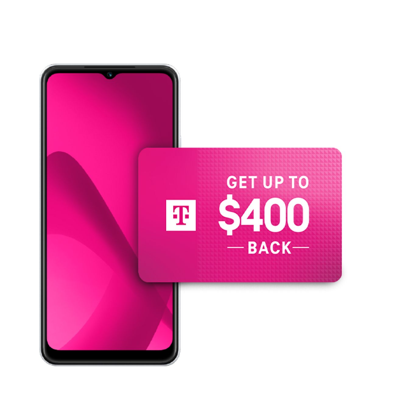 Smartphone display with magenta gradient alongside an up to $400 gift card with T-Mobile branding.