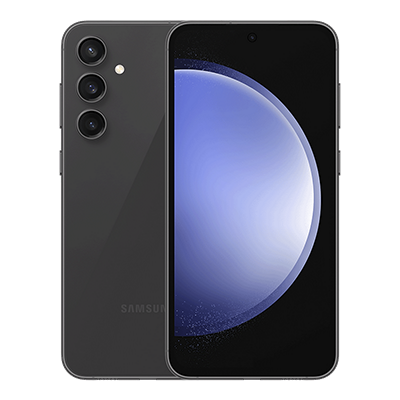 A black smartphone is floating against a white background.