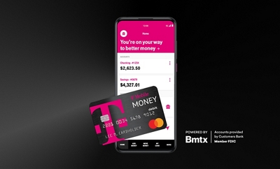 T-Mobile MONEY card and phone showing T-Mobile MONEY app user interface. Powered by BMTX. Accounts provided by Customer Bank. Member FDIC.