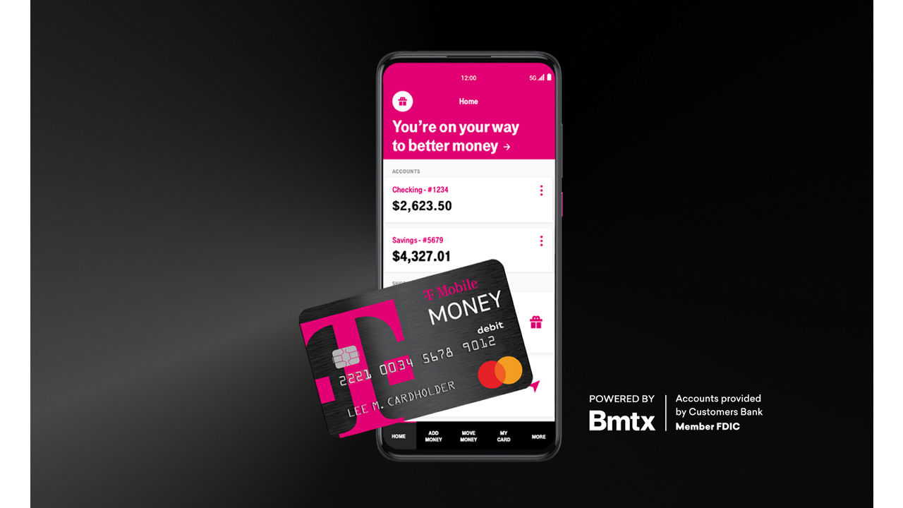 T-Mobile MONEY card and phone showing T-Mobile MONEY app user interface. Powered by BMTX. Accounts provided by Customer Bank. Member FDIC.