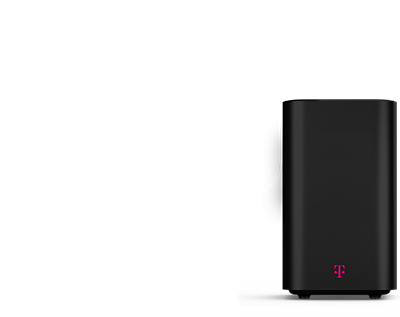 A black T-Mobile 5G gateway is floating against a magenta background. Forty dollars a month with any voice line.