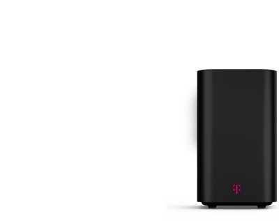 A black T-Mobile 5G gateway is floating against a magenta background. Forty dollars a month with any voice line.
