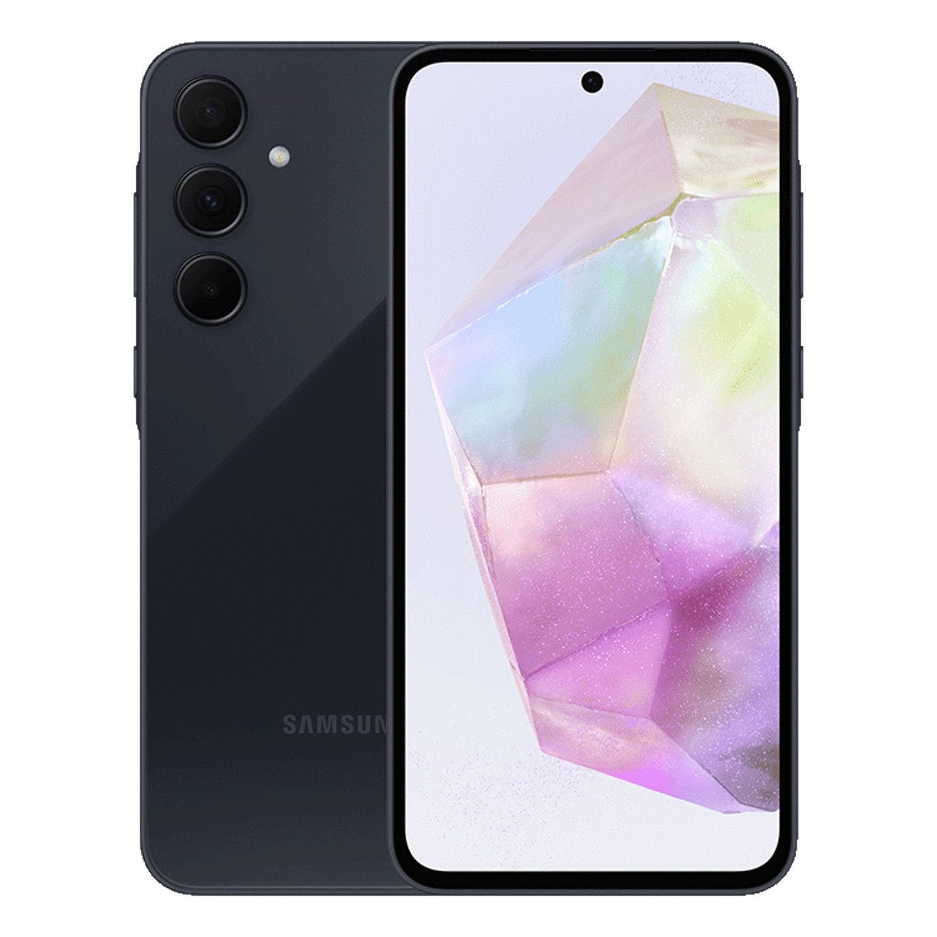 Two Samsung Galaxy A35 phones, one showing the screen, one showing the camera.