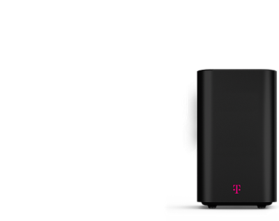 A black T-Mobile 5G gateway is floating against a magenta background. Save $20 off/month with any voice line.