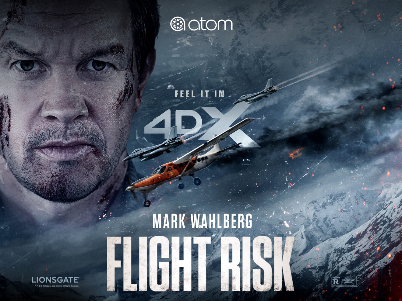 Flight Risk movie poster showing Mark Wahlberg and a private plane flanked by two fighter jets streaking through a storm