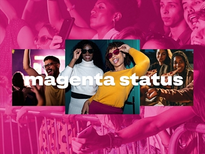 A collection of photos of young adults having fun, on a magenta background of people at a concert. In the photos, there’s a guy dancing, two friends showing off sunglasses, and two friends enjoying slices of pizza.