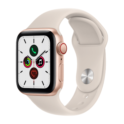 Apple Watch SE en color oro con pulsera blanca