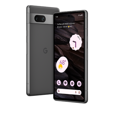 Front and back of black Google Pixel 7a shown
