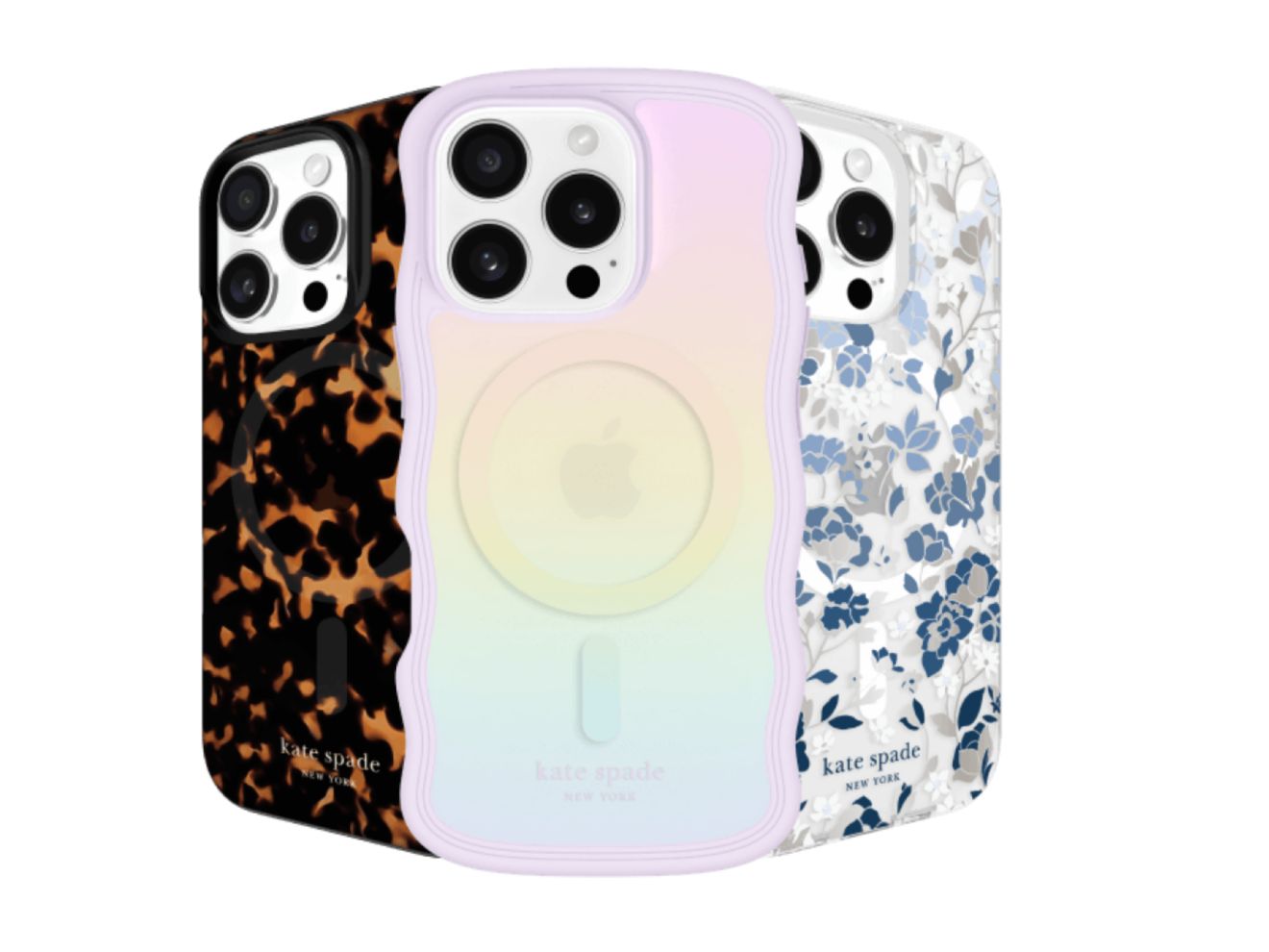 Three iPhone 16 cases featuring vibrant designs by Kate Spade New York