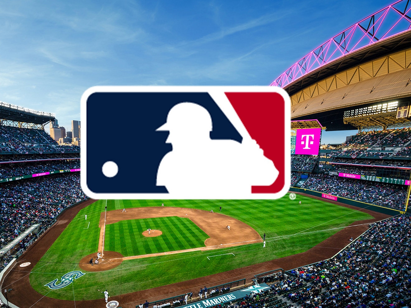 MLB logo overlaid on an image of a T-Mobile baseball stadium.  